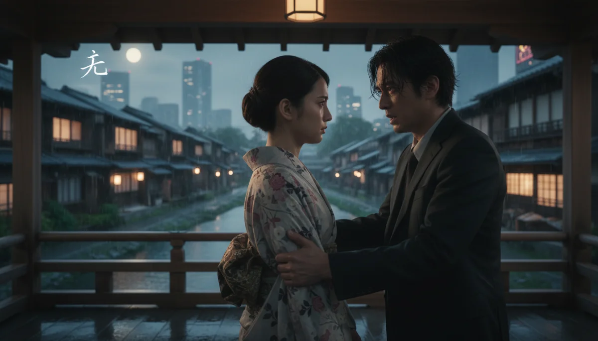 Cena dramática de um dorama japonês, com personagens em um momento de alta tensão emocional, refletindo a profundidade das tramas.