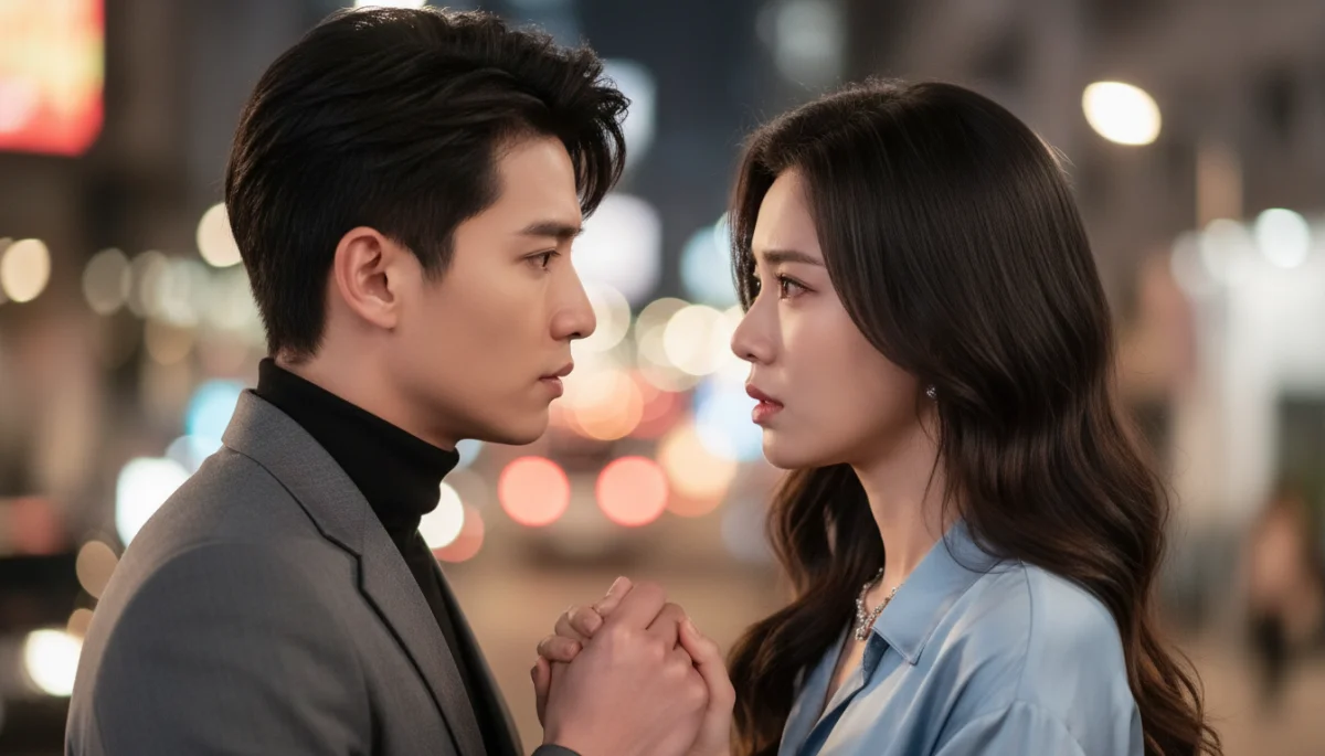Casal de dorama taiwanês em cena romântica, trocando olhares intensos com iluminação suave e fundo urbano desfocado.