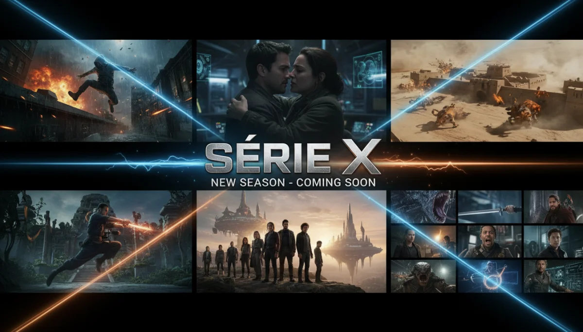 Montagem de cenas impactantes da nova temporada de 'Série X' com momentos de ação e emoção