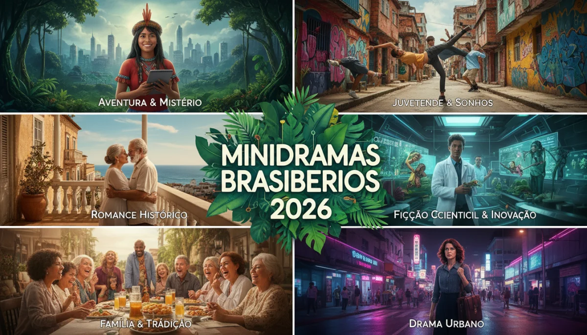 Montagem de cenas diversas de minidramas nacionais de 2026, ilustrando a variedade e riqueza das produções brasileiras.