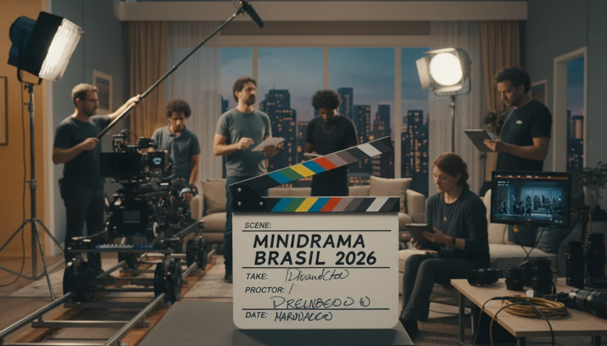Claquete em um set de filmagem com a inscrição 'MINIDRAMA BRASIL 2026', simbolizando o início de novas produções.