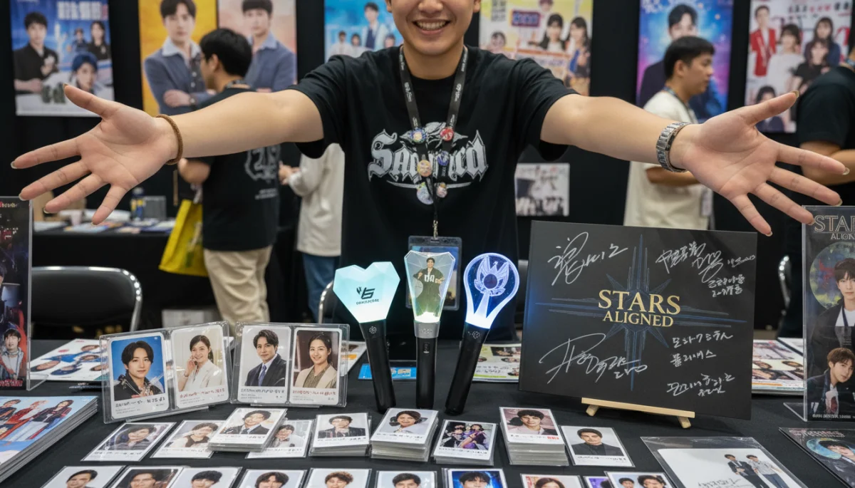Coleção de produtos e mercadorias de doramas, incluindo lightsticks e photocards, em um evento.