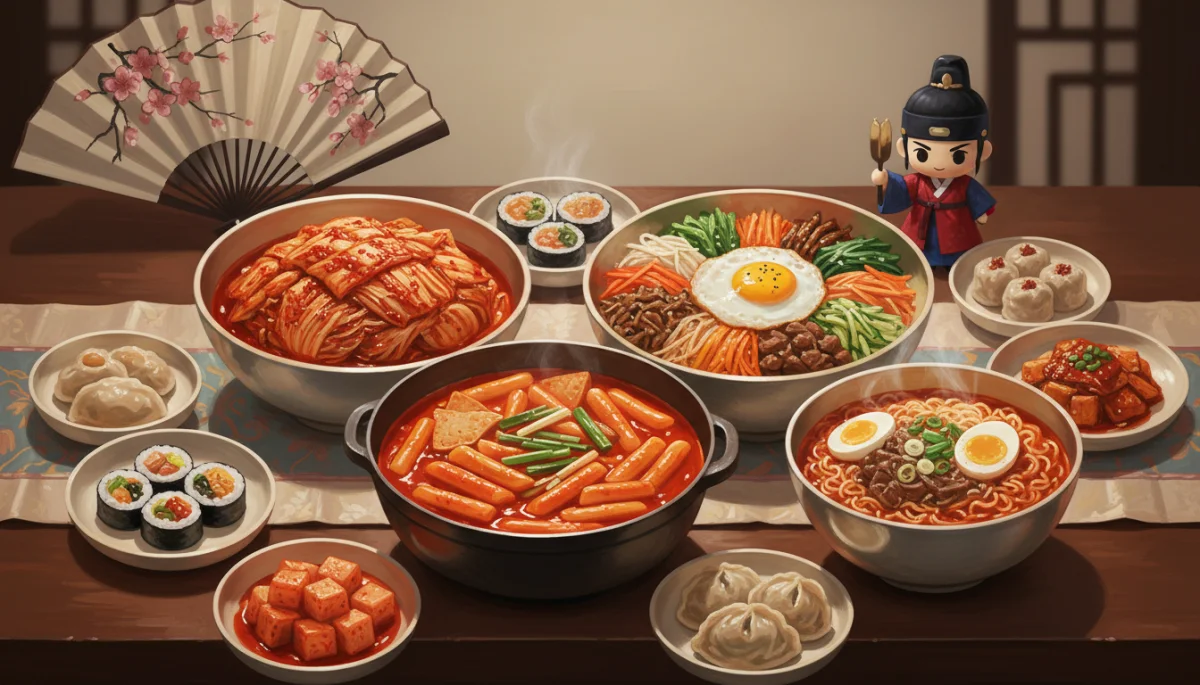 Variedade de pratos coreanos típicos de K-dramas, como Tteokbokki e Kimchi, dispostos artisticamente em uma mesa, celebrando a culinária coreana.