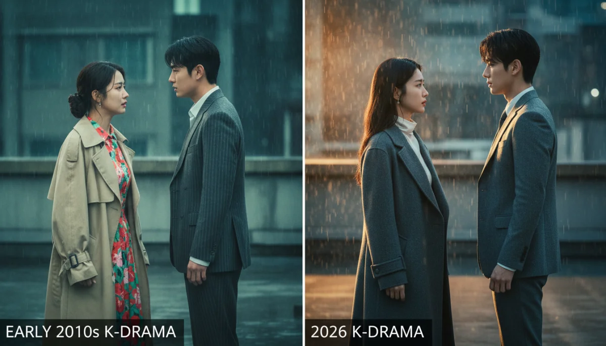 Comparativo visual entre cenas de doramas coreanos antigos e atuais, evidenciando o avanço na cinematografia e design de produção.
