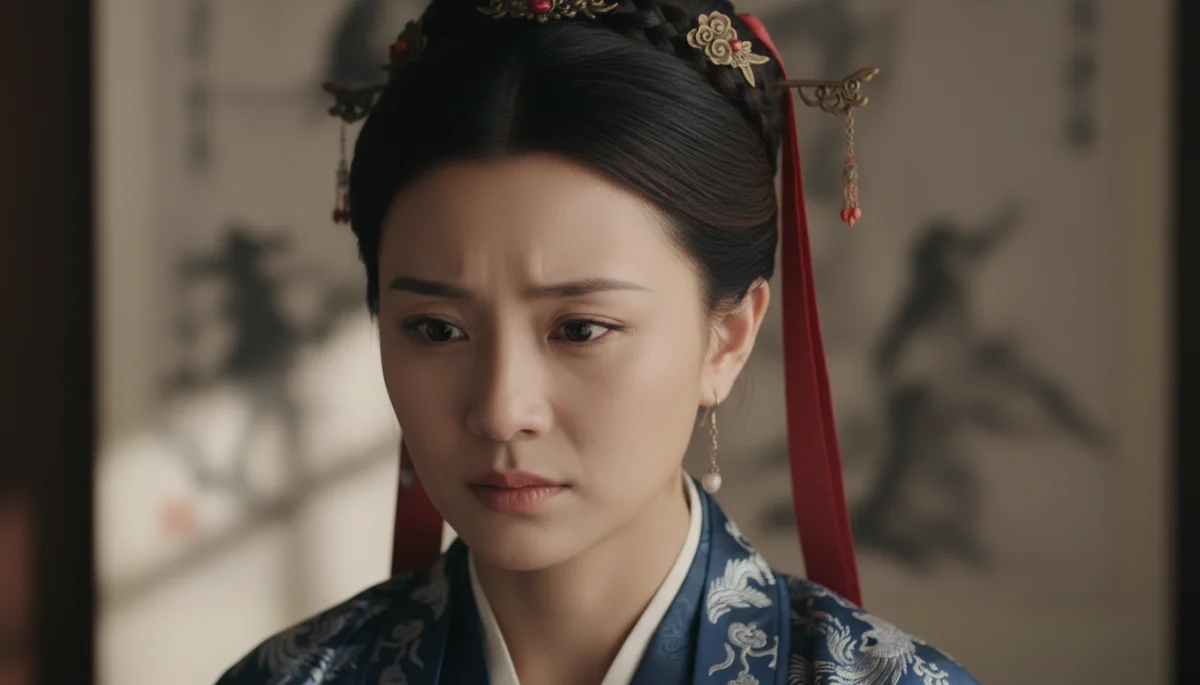 Expressão facial de personagem feminina de dorama chinês, transmitindo resiliência e profundidade.