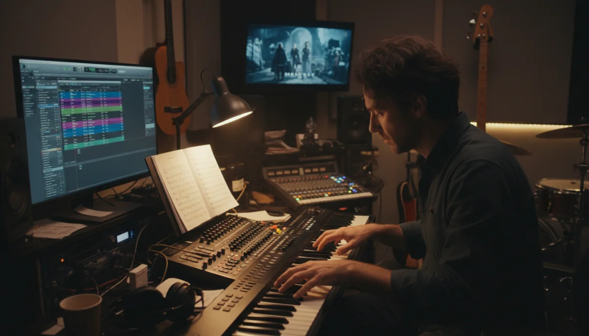 Um compositor concentrado em um estúdio de gravação, rodeado por instrumentos e equipamentos, com as mãos em um teclado e partituras, representando a criação de trilhas sonoras.