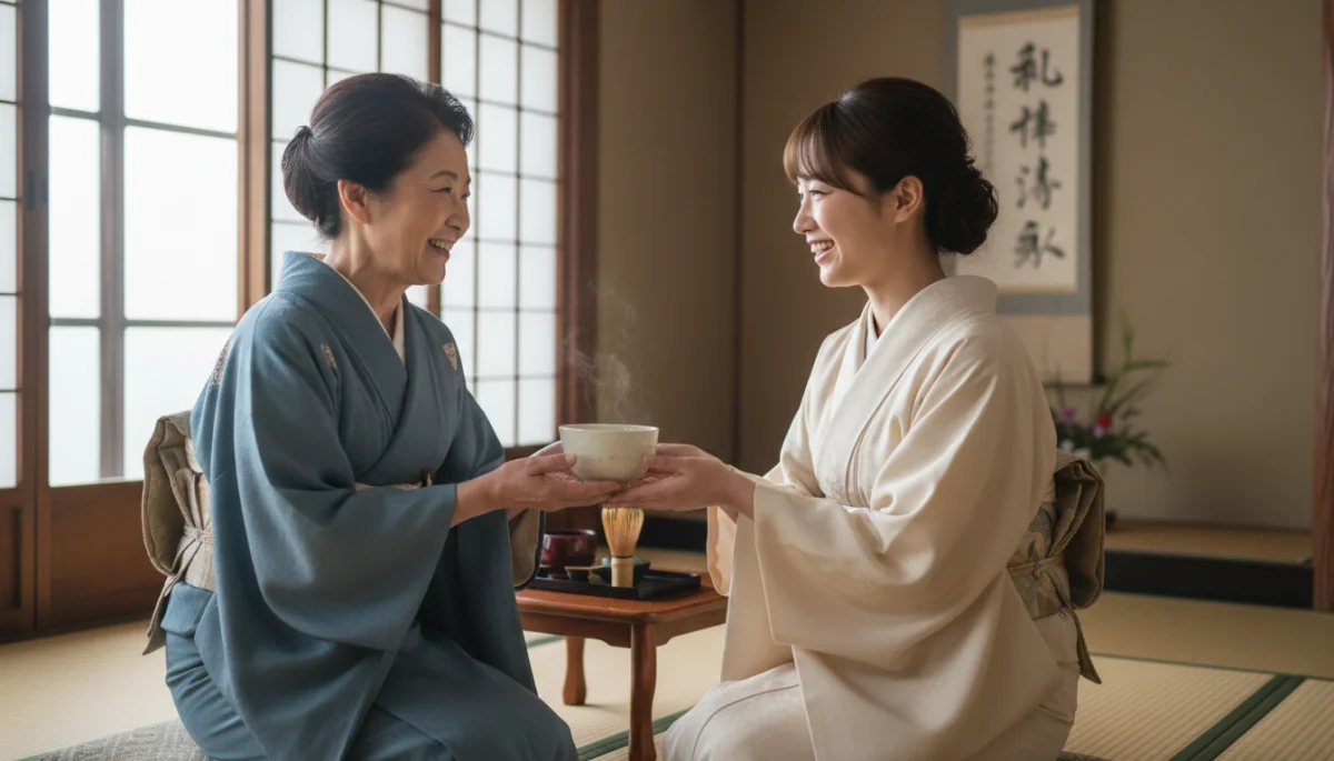 Duas pessoas de gerações diferentes compartilhando um momento de conexão durante uma cerimônia de chá japonesa, representando laços sociais.