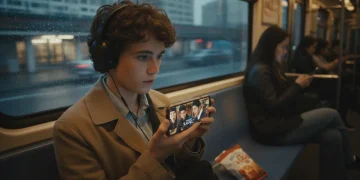 Pessoa assistindo minidrama no celular em transporte público, ilustrando consumo rápido e acessível.