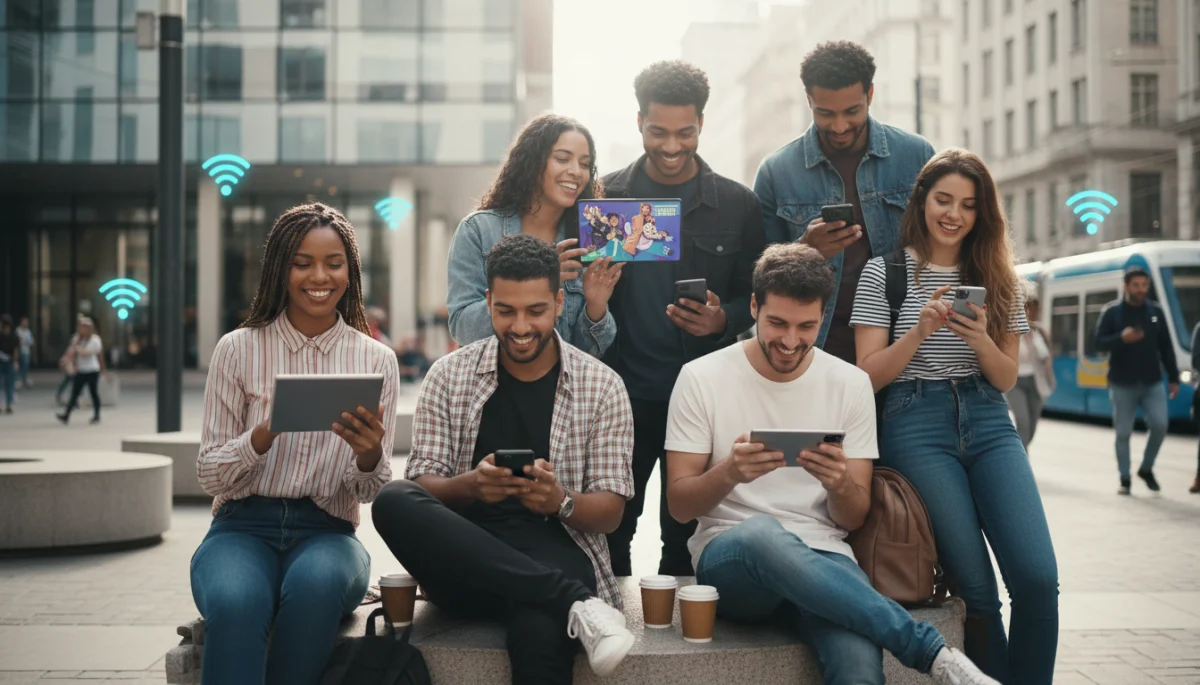 Jovens brasileiros assistindo minidramas em seus celulares, representando o consumo móvel e acessível de conteúdo.