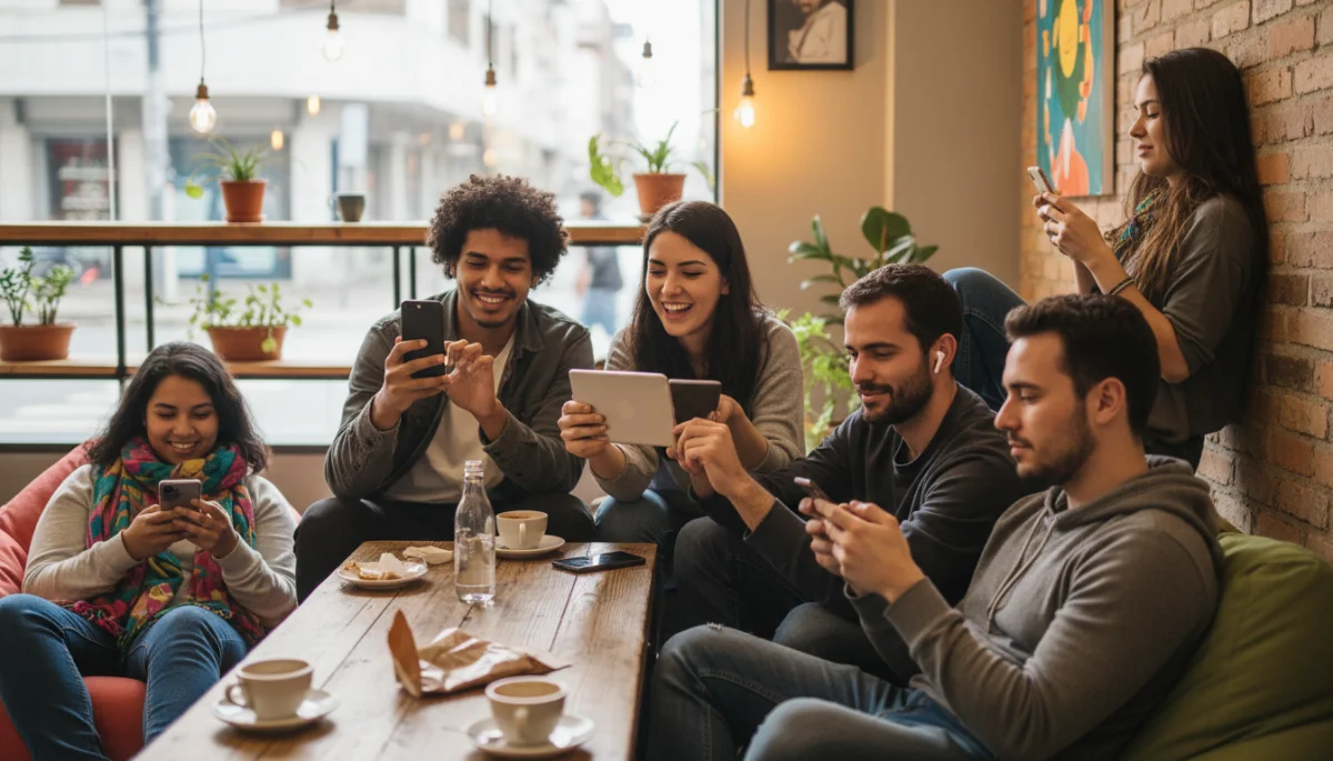 Jovens brasileiros assistindo a séries curtas em dispositivos móveis, refletindo novos hábitos de consumo.