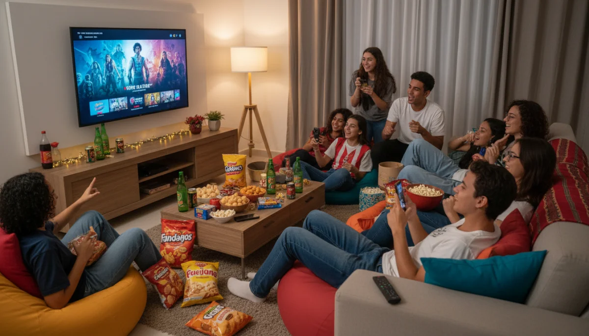 Família e amigos assistindo a uma série em streaming, simbolizando o consumo de conteúdo no Brasil.