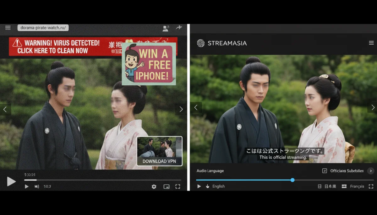Comparação visual entre a baixa qualidade de um site pirata de doramas e a alta definição de uma plataforma de streaming oficial.