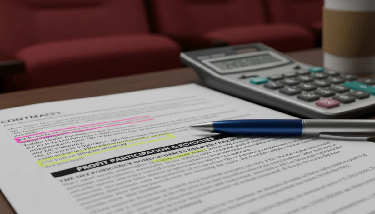 Contrato de ator em mini drama, com caneta e calculadora, simbolizando negociação salarial.
