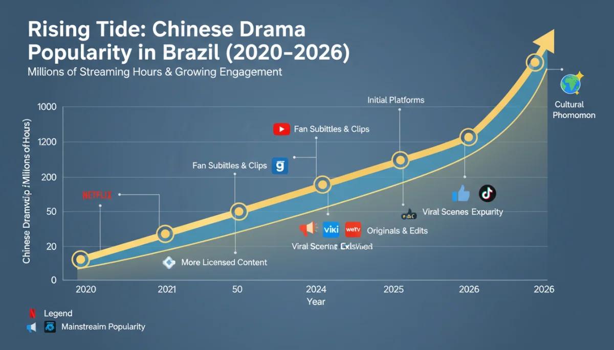 Gráfico detalhado mostrando o aumento da audiência de doramas chineses no Brasil de 2020 a 2026, com pontos de dados de crescimento.