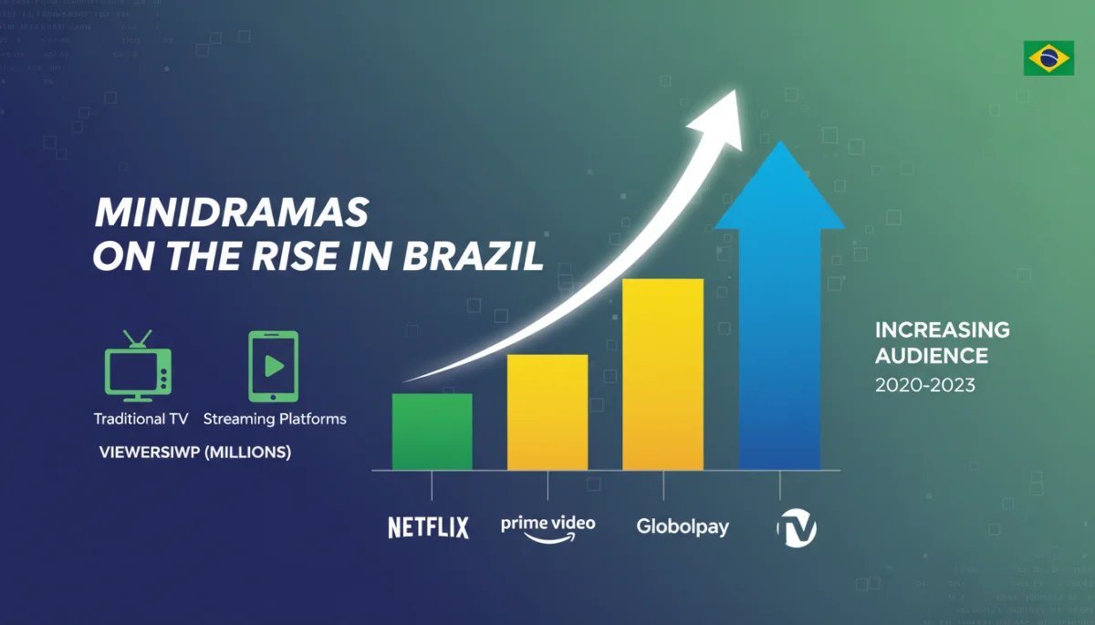 Gráfico estilizado com barras ascendentes nas cores da bandeira brasileira, ilustrando o aumento da audiência de minidramas em plataformas de streaming e TV tradicional no Brasil.