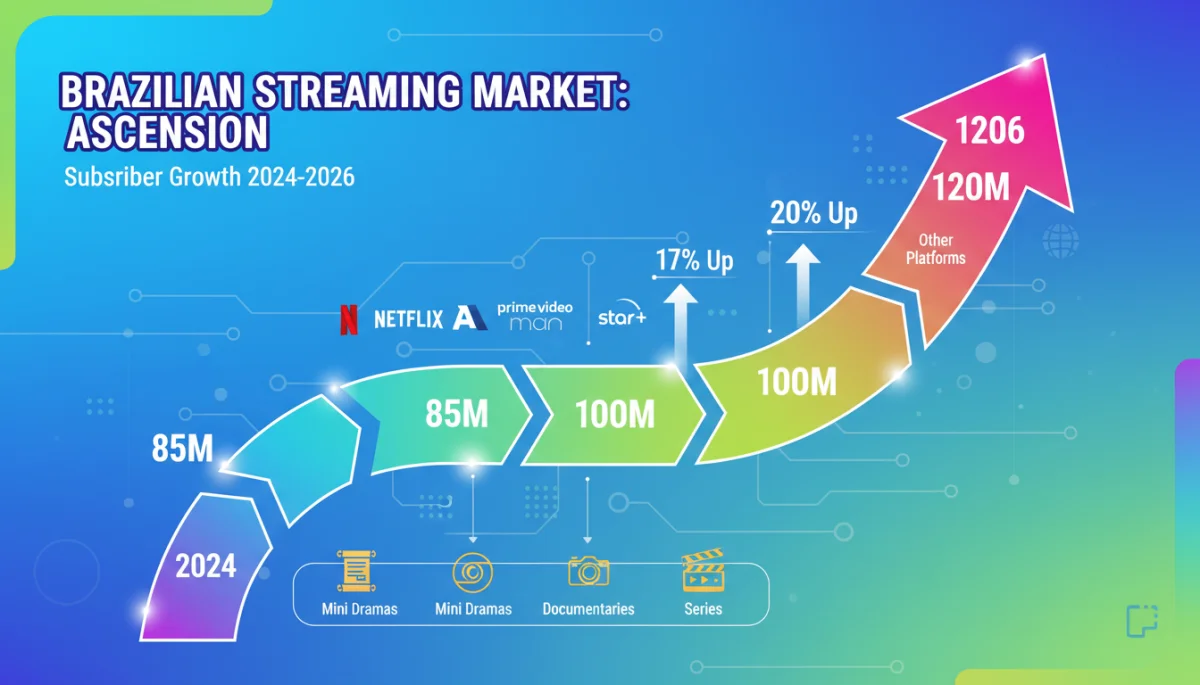 Gráfico de crescimento de assinantes de streaming no Brasil entre 2024 e 2026, com foco em novas plataformas.