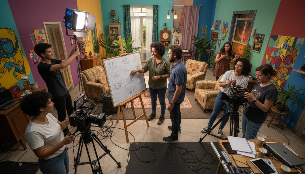 Jovens criadores brasileiros colaborando em um set de minidrama, simbolizando a inovação na produção audiovisual.