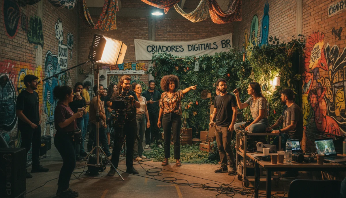 Jovens criadores brasileiros colaborando em um set de minidrama, simbolizando a inovação e o trabalho em equipe na produção audiovisual.