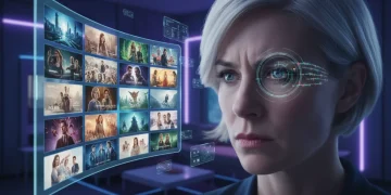 Um crítico especializado avaliando diversas séries em uma tela futurista, simbolizando as decepções e surpresas de 2026.
