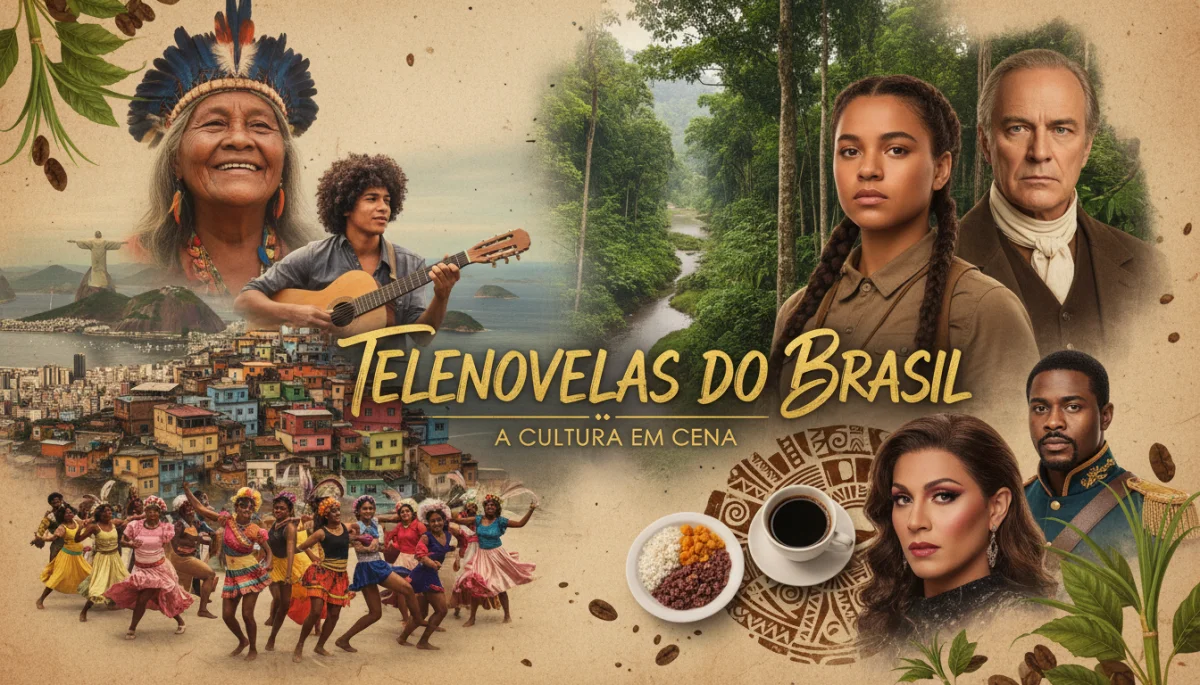 Montagem de locais icônicos e elementos culturais brasileiros, com atores diversos, representando a riqueza cultural dos minidramas.