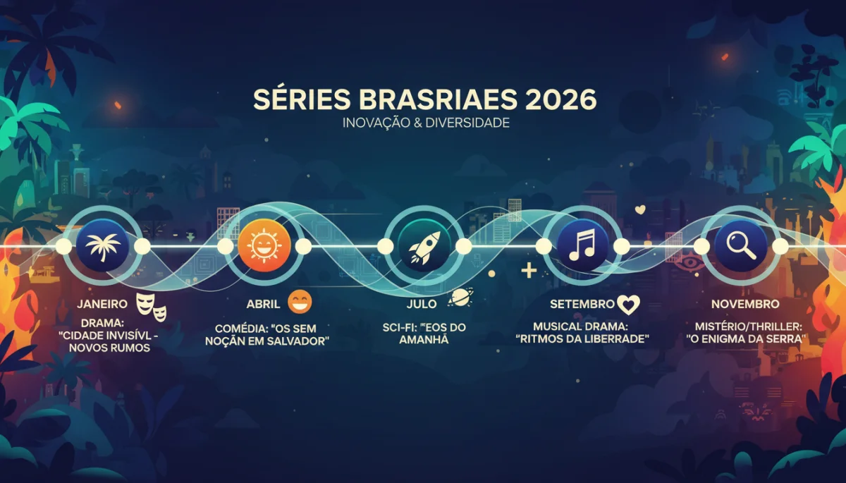 Infográfico com destaques das séries brasileiras de 2026, apresentando gêneros e expectativas de lançamento.