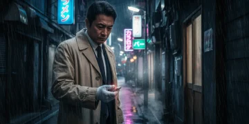 Detetive japonês em Tóquio investigando uma cena de crime noturna, simbolizando o suspense dos doramas de mistério.