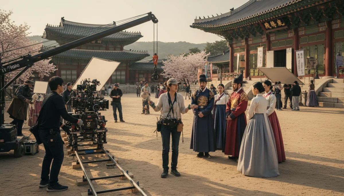 Diretor de dorama histórico orientando atores em cenário tradicional coreano.