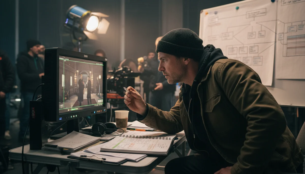 Diretor concentrado em monitor, supervisionando cena de série com roteiro e anotações.