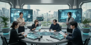 Diretores de doramas coreanos discutindo projetos inovadores em estúdio moderno.