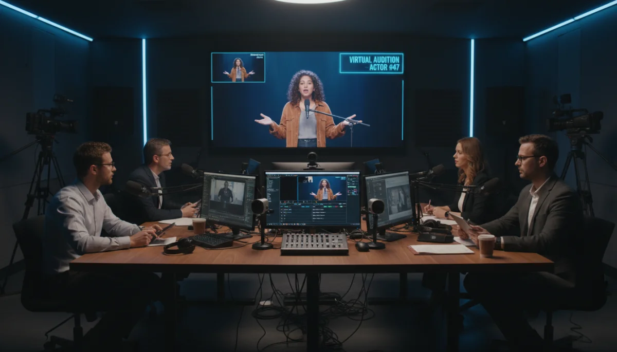 Diretores de elenco observando a performance de um ator em uma tela, simulando uma audição online ou híbrida.