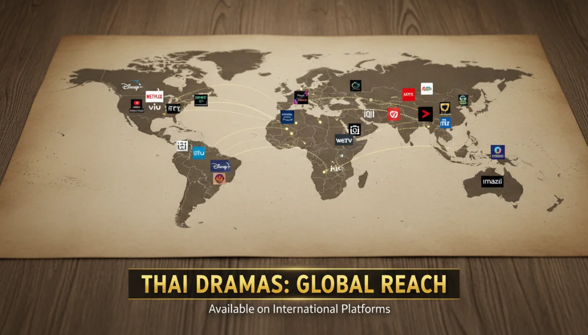 Mapa-múndi com logos de plataformas de streaming, destacando a distribuição global de doramas tailandeses.