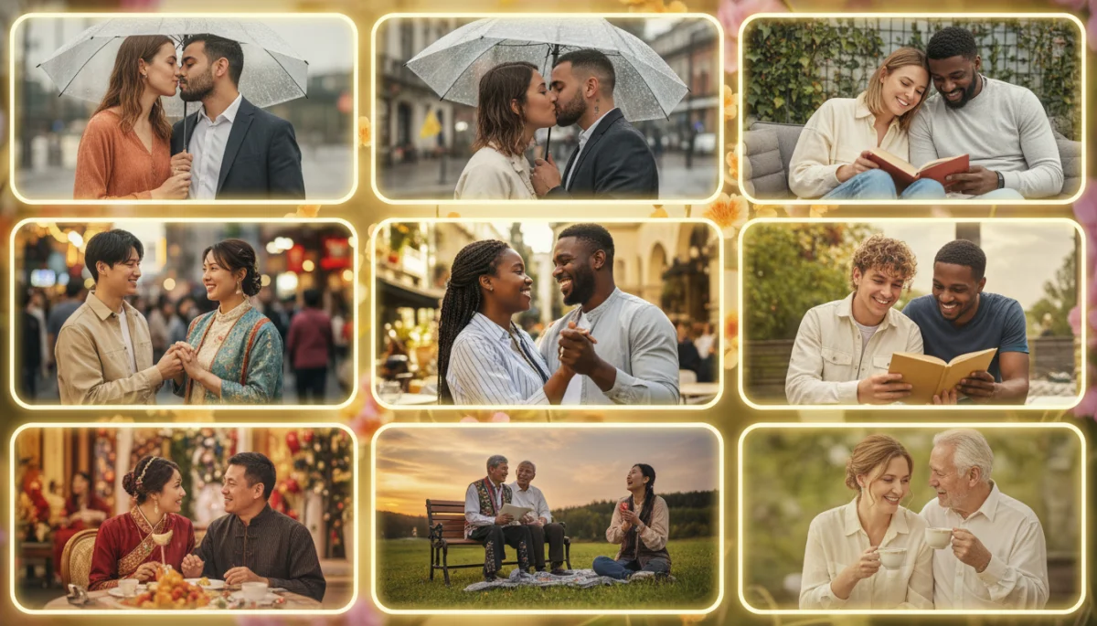 Diversos casais de doramas de romance, representando a variedade e inclusão no gênero.