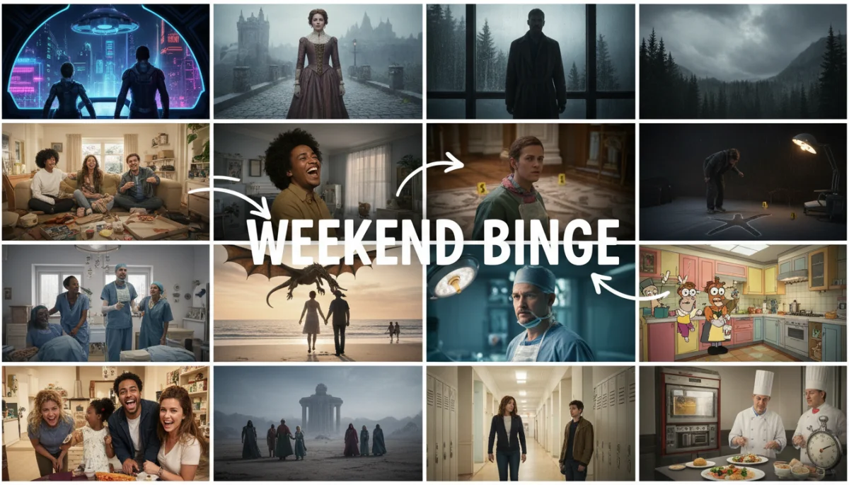 Colagem de cenas diversas de séries populares, representando a variedade de gêneros.