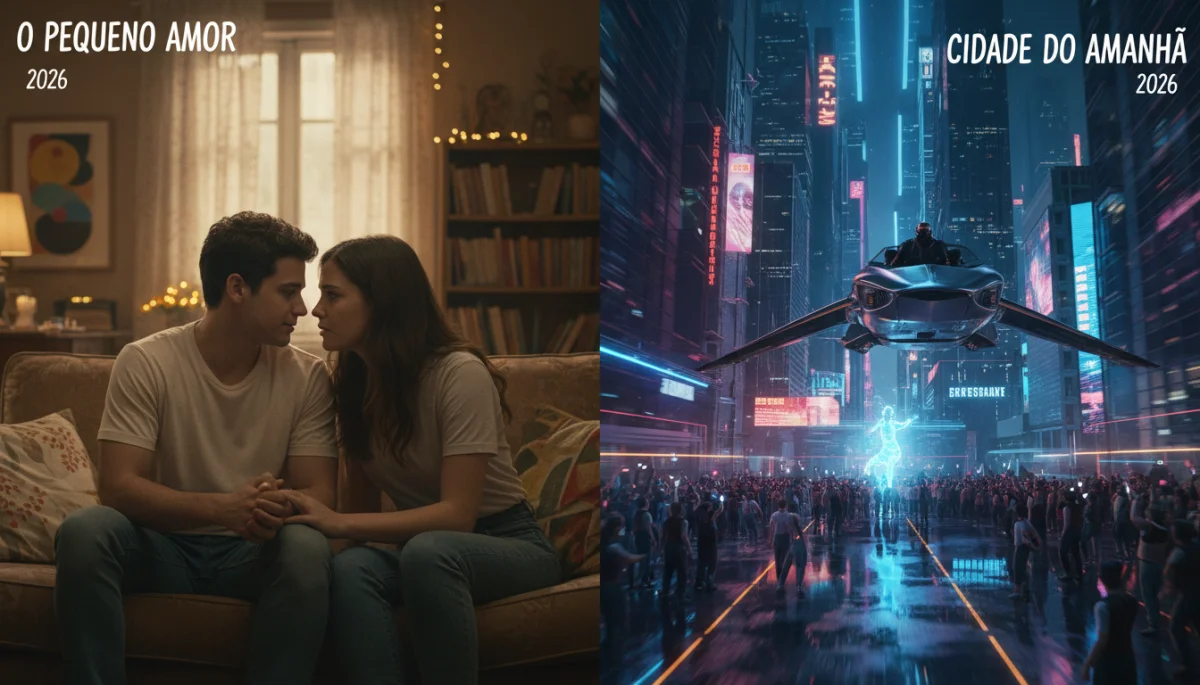 Cenas divididas de dois minidramas brasileiros de 2026, destacando a diversidade narrativa e de produção.