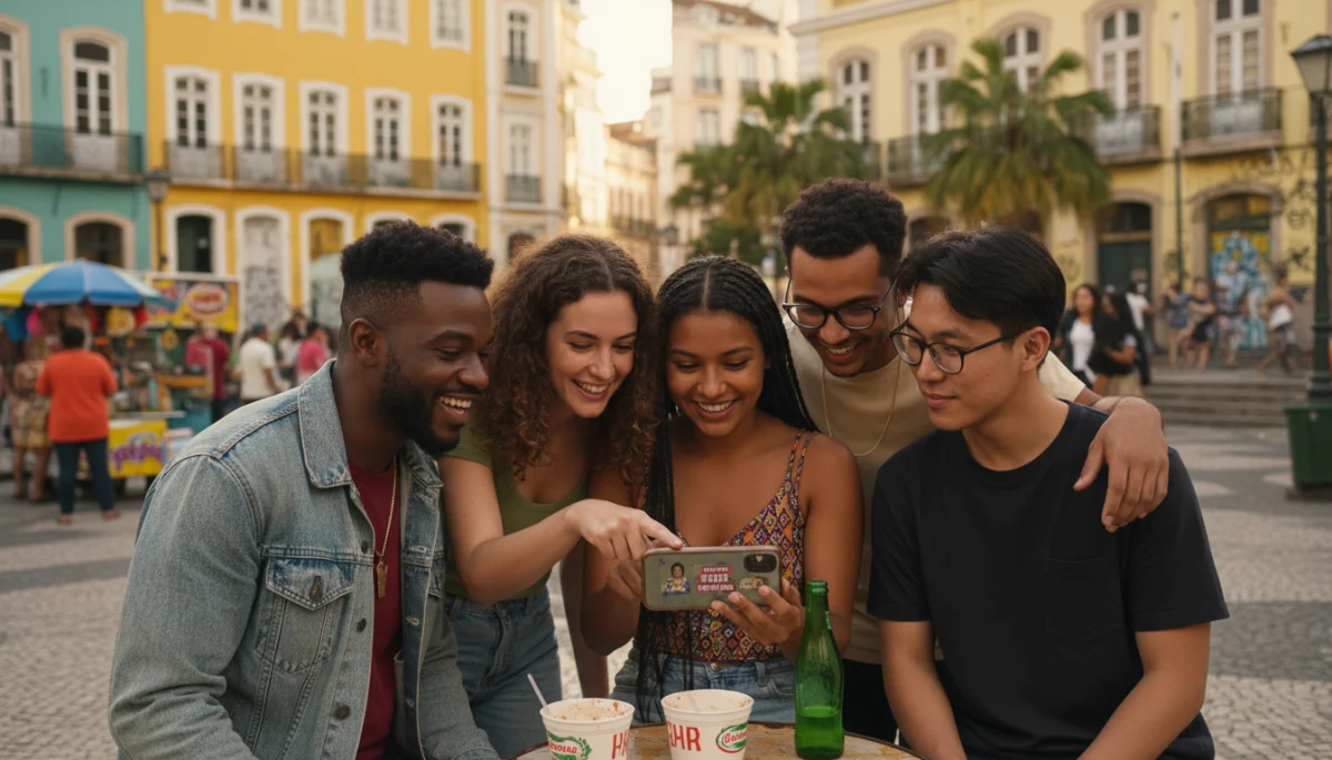 Jovens brasileiros de diversas origens assistindo a um minidrama em um smartphone, refletindo a conexão e identificação cultural.