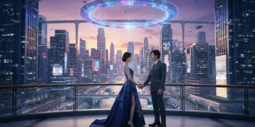 Cena futurista de um dorama coreano, com cores vibrantes e efeitos visuais impressionantes, simbolizando a evolução da qualidade de produção.