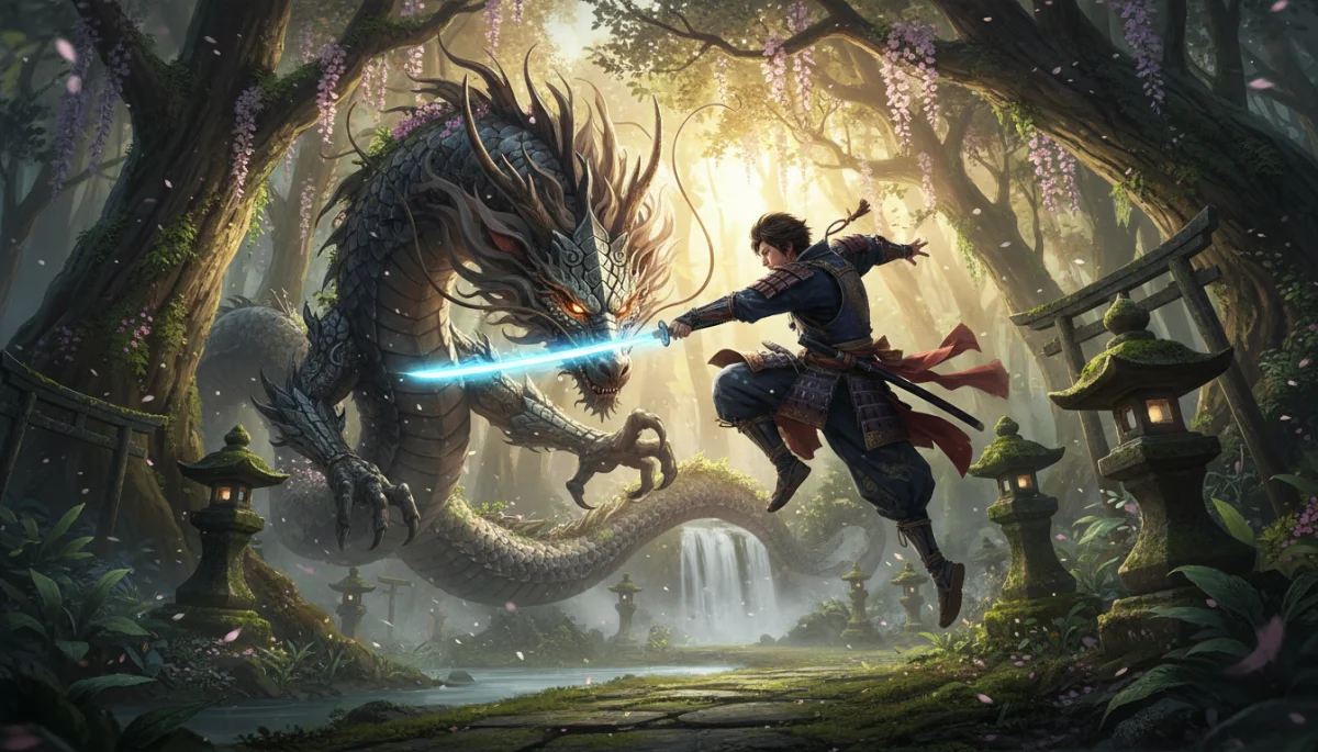 Personagem de dorama japonês de fantasia em combate, com espada brilhante e criatura mítica em floresta ancestral.