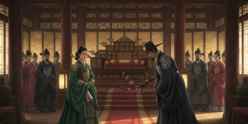 Cena dramática de um dorama histórico coreano, com personagens em trajes tradicionais e cenário de palácio.