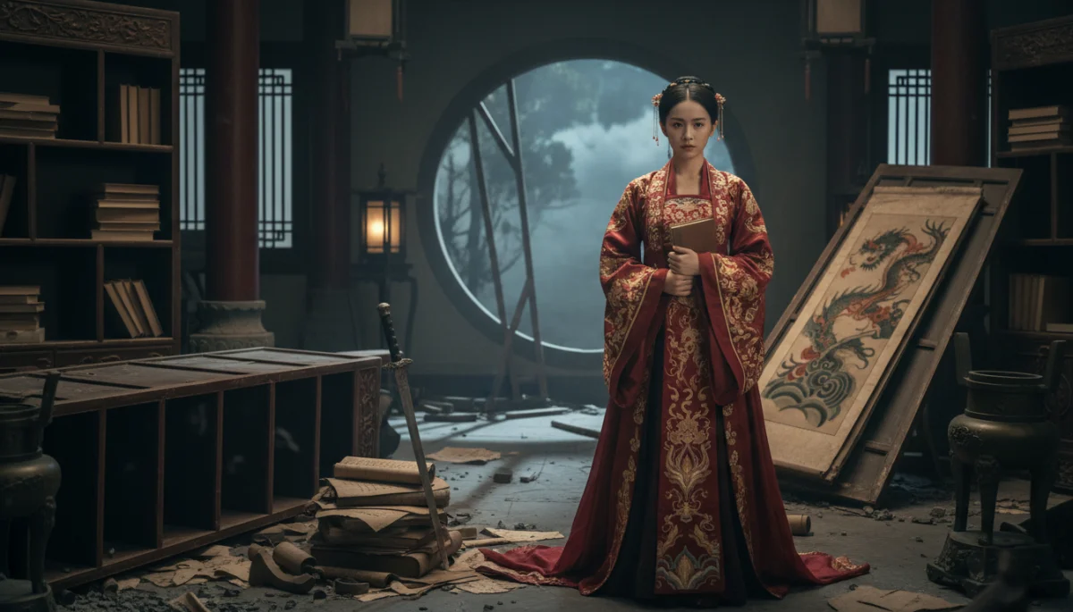 Protagonista de dorama histórico taiwanês em traje tradicional, em momento dramático, com cenário de época detalhado.
