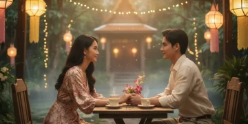 Casal apaixonado em uma cena de dorama tailandês de romance, com cenário vibrante.