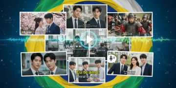 Capa do artigo sobre a tradução e dublagem de doramas no Brasil em 2026, com elementos visuais de séries asiáticas e referências culturais brasileiras.