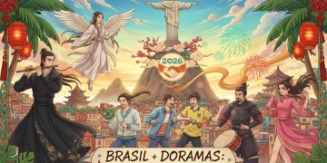 Cena vibrante de personagens de doramas chineses com elementos culturais brasileiros ao fundo, representando a fusão e o impacto cultural no Brasil em 2026.