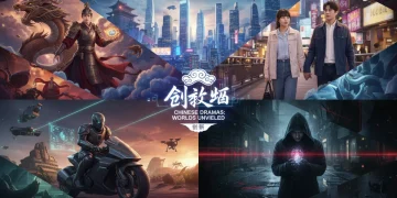 Capa com colagem de cenas de doramas chineses inovadores de 2025, representando fantasia, romance e ficção científica.