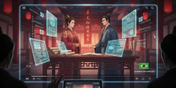 Pessoas assistindo a um dorama chinês em tela, com elementos de legislação e direitos autorais ao fundo, simbolizando o impacto das novas leis.