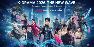Pôster promocional vibrante com os principais atores dos doramas coreanos mais aguardados de 2026, com elementos que sugerem romance, fantasia e ação.