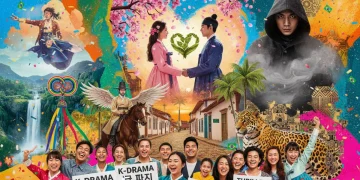 Colagem vibrante de doramas coreanos populares, representando o crescimento da audiência no Brasil.