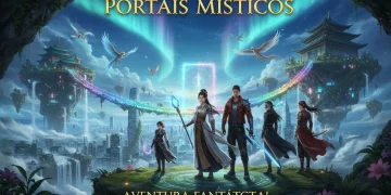 Cena fantástica com elementos de vários doramas, incluindo criaturas mágicas, templos antigos e personagens em trajes épicos.