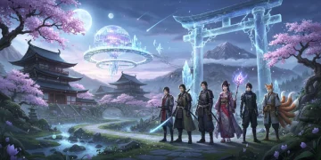 Cena mágica de doramas de fantasia japoneses, com personagens diversos e elementos místicos, destacando a inovação do gênero em 2026.