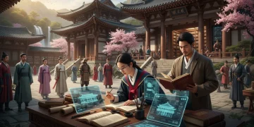 Pessoas em trajes históricos asiáticos em um cenário tradicional, simbolizando a imersão em doramas culturais.