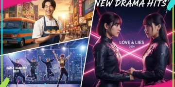 Colagem vibrante com cenas de três novos doramas japoneses em destaque, representando a ascensão da cultura pop japonesa.